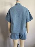 Women’s Casual Loose Pocket Short Sleeve Shirt Denim Two Piece Set