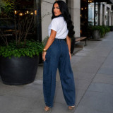 New Design Double-Breasted Loose Wide-Leg Denim Pants