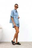 Women’s Casual Loose Pocket Short Sleeve Shirt Denim Two Piece Set