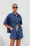 Women’s Casual Loose Pocket Short Sleeve Shirt Denim Two Piece Set