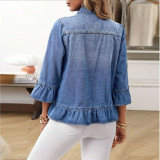 Ruffle Hem Cropped Denim Jacket for Women