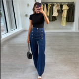New Design Double-Breasted Loose Wide-Leg Denim Pants