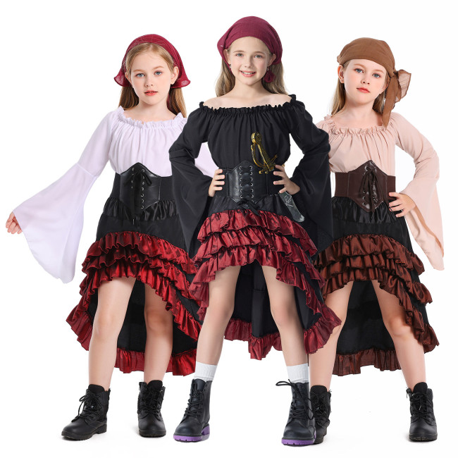 Kids Pirate Costume Set | Vintage Asymmetrical Ruffle Pirate Dress for Girls