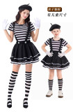 Women’s Halloween Striped Mime Clown Suspender Tutu Dress With Stocking