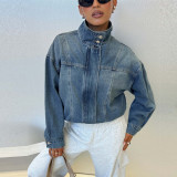 Vintage Stand Collar Washed Denim Jacket for Women