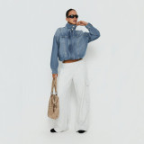 Vintage Stand Collar Washed Denim Jacket for Women