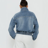 Vintage Stand Collar Washed Denim Jacket for Women