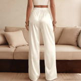 Women’s Elegant Luxe Solid Satin Wide-Leg Pants with Lace Trim