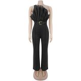 Luxury Mesh One-Shoulder High Waist Wide Leg Crescent Buckle Party Jumpsuit