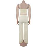 Solid Color Ruched Metal Buckle Spaghetti Strap Top Wide Leg Pants Two Piece Set