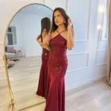 Sleeveless Sexy Party Sequin Slit Waist-Defined Evening Dress