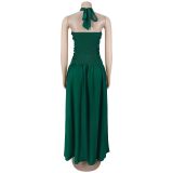 Halter Cutout Tie Strap Party Evening Dress Ruched High Slit Gown
