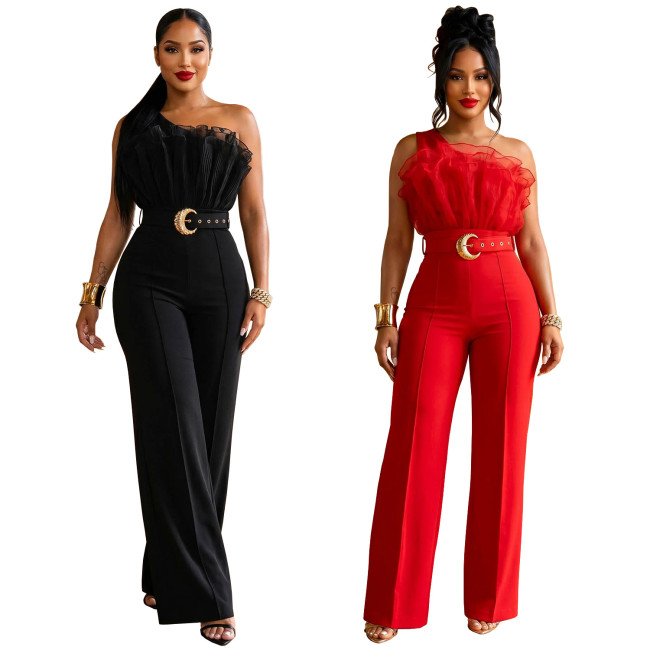 Luxury Mesh One-Shoulder High Waist Wide Leg Crescent Buckle Party Jumpsuit