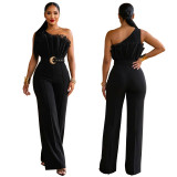 Luxury Mesh One-Shoulder High Waist Wide Leg Crescent Buckle Party Jumpsuit