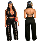 Trendy Metal Eyelet Loose Straight Wide-Leg Pants Set