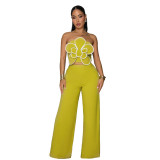 Floral Sexy Strapless Crop Top with Solid Wide-Leg Pants Set