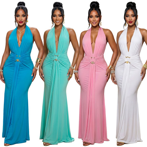 Halter Deep V Ruched Mermaid Evening Dress Slim Fit Party Gown