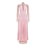 Deep V Halter Ruched High Slit Long Evening Party Gown