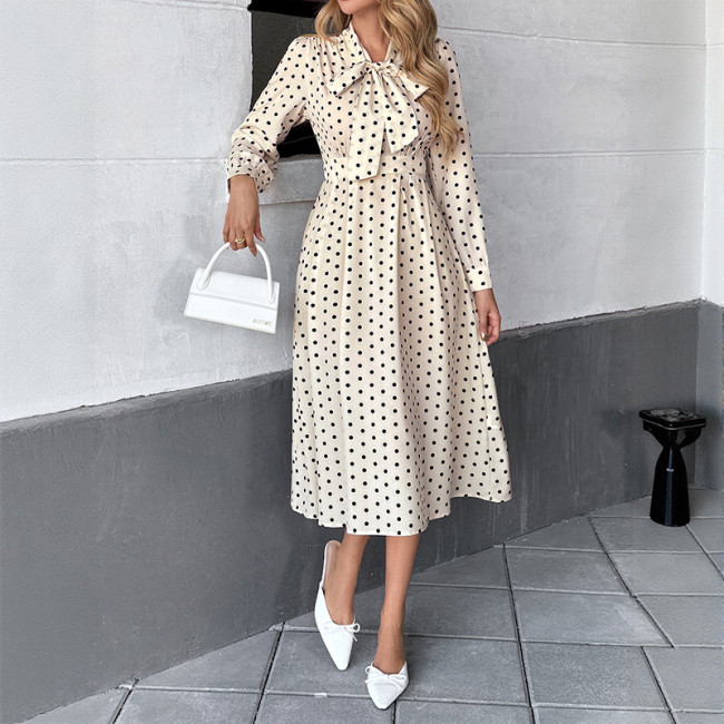 Vintage Bow-Tie Collar Polka Dot Long Sleeve Dress Wholesale