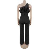 Luxury Mesh One-Shoulder High Waist Wide Leg Crescent Buckle Party Jumpsuit