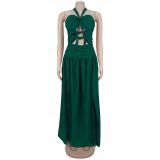 Halter Cutout Tie Strap Party Evening Dress Ruched High Slit Gown