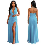Deep V Halter Ruched High Slit Long Evening Party Gown
