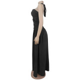 Halter Cutout Tie Strap Party Evening Dress Ruched High Slit Gown