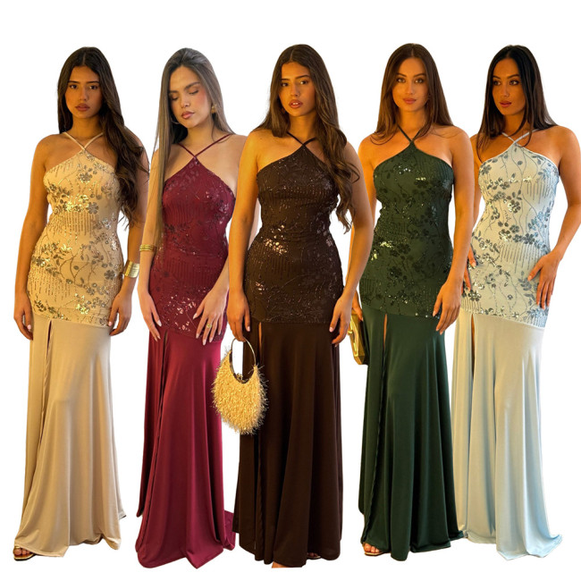 Sleeveless Sexy Party Sequin Slit Waist-Defined Evening Dress