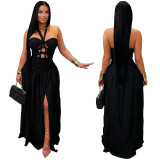 Halter Cutout Tie Strap Party Evening Dress Ruched High Slit Gown