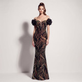 Boned Waist Lace-Up Sequin Floral Evening Gown