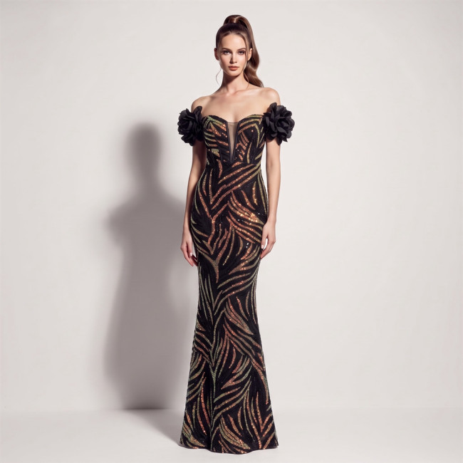 Boned Waist Lace-Up Sequin Floral Evening Gown