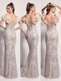 Boned Waist Lace-Up Sequin Floral Evening Gown
