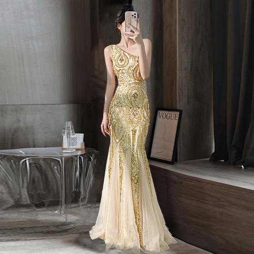 One-Shoulder Sequin Mermaid Tail Maxi Party Dress