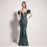 Boned Waist Lace-Up Sequin Floral Evening Gown