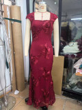 Floral Appliqué Long Vacation Dress