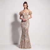 Boned Waist Lace-Up Sequin Floral Evening Gown