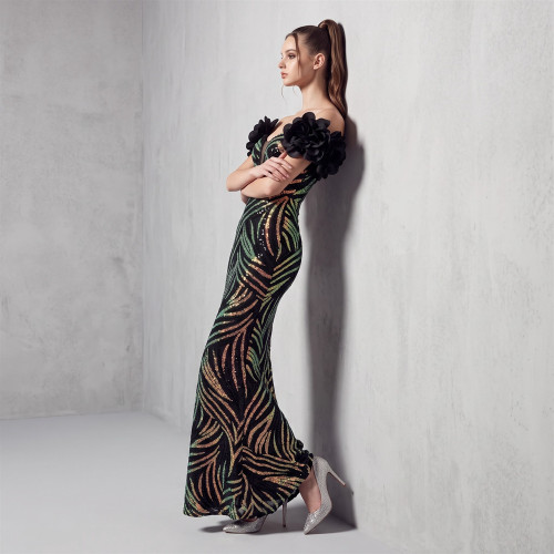 Boned Waist Lace-Up Sequin Floral Evening Gown