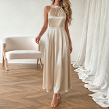 Minimalist Luxe Champagne Satin Halter Beaded Collar Dress
