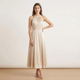 Minimalist Luxe Champagne Satin Halter Beaded Collar Dress