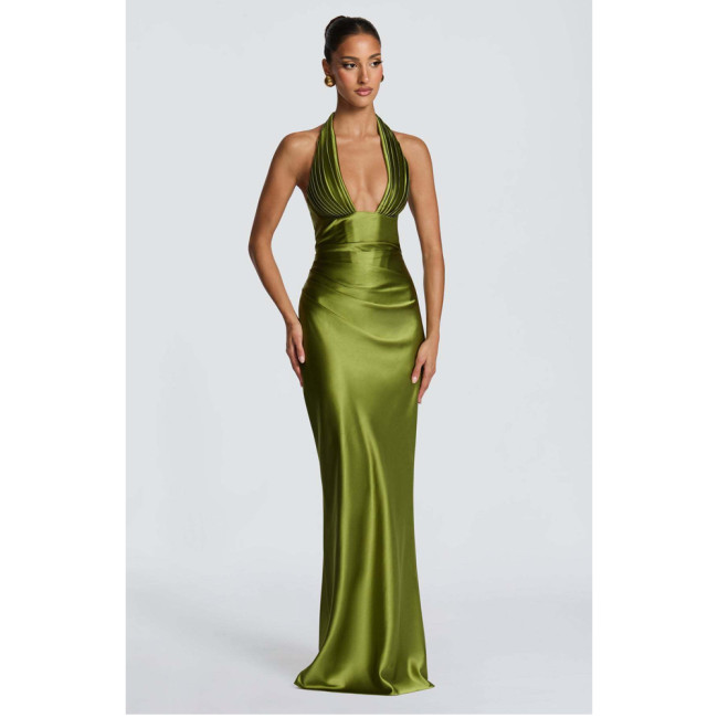 Women's Sexy Halter Deep V-Neck Ruched Tie-Back Off-Shoulder Bodycon Evening Gown