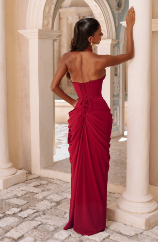 Women's Elegant Halter Deep V-Neck Pleated Long Evening Gown