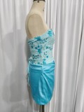 Women's Botanical Print Rhinestone Satin Backless Bodycon Skirt