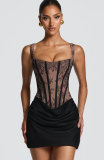 Women's Delicate Lace Patchwork Draped Spaghetti Strap Bodycon Dress