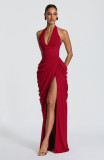 Women's Elegant Halter Deep V-Neck Pleated Long Evening Gown