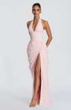 Women's Elegant Halter Deep V-Neck Pleated Long Evening Gown
