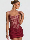 Women's Delicate Lace Patchwork Draped Spaghetti Strap Bodycon Dress