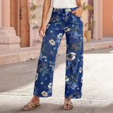 Women's Floral Print High-Waist Straight Leg Denim Jeans