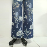 Women's Floral Print High-Waist Straight Leg Denim Jeans