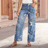 Women's Floral Print High-Waist Straight Leg Denim Jeans
