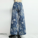 Women's Floral Print High-Waist Straight Leg Denim Jeans
